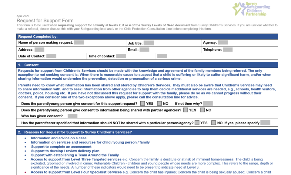 Surrey Childrens Services Request for Support Form