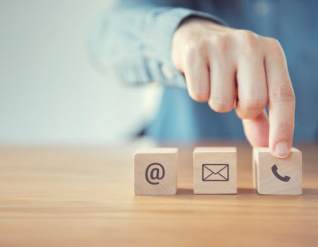 CONTACT US, Woman hand holding ( mail,phone,email ) icon. customer support concept, copy space